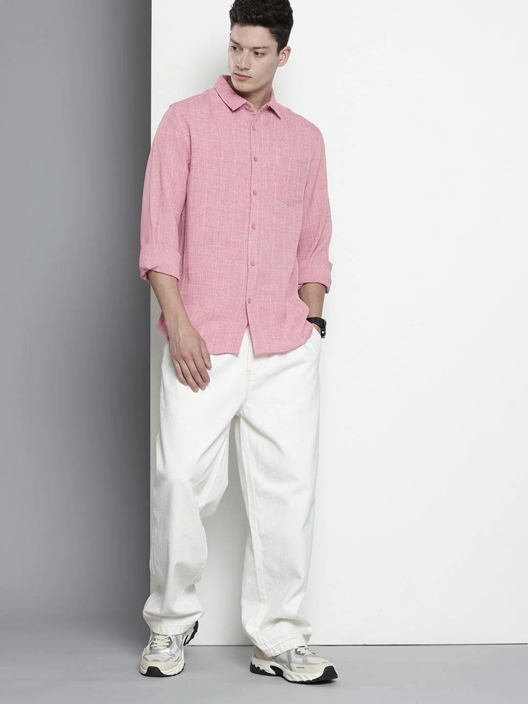 Men's Pink Slim Fit Striped Casual Shirt - Image 5