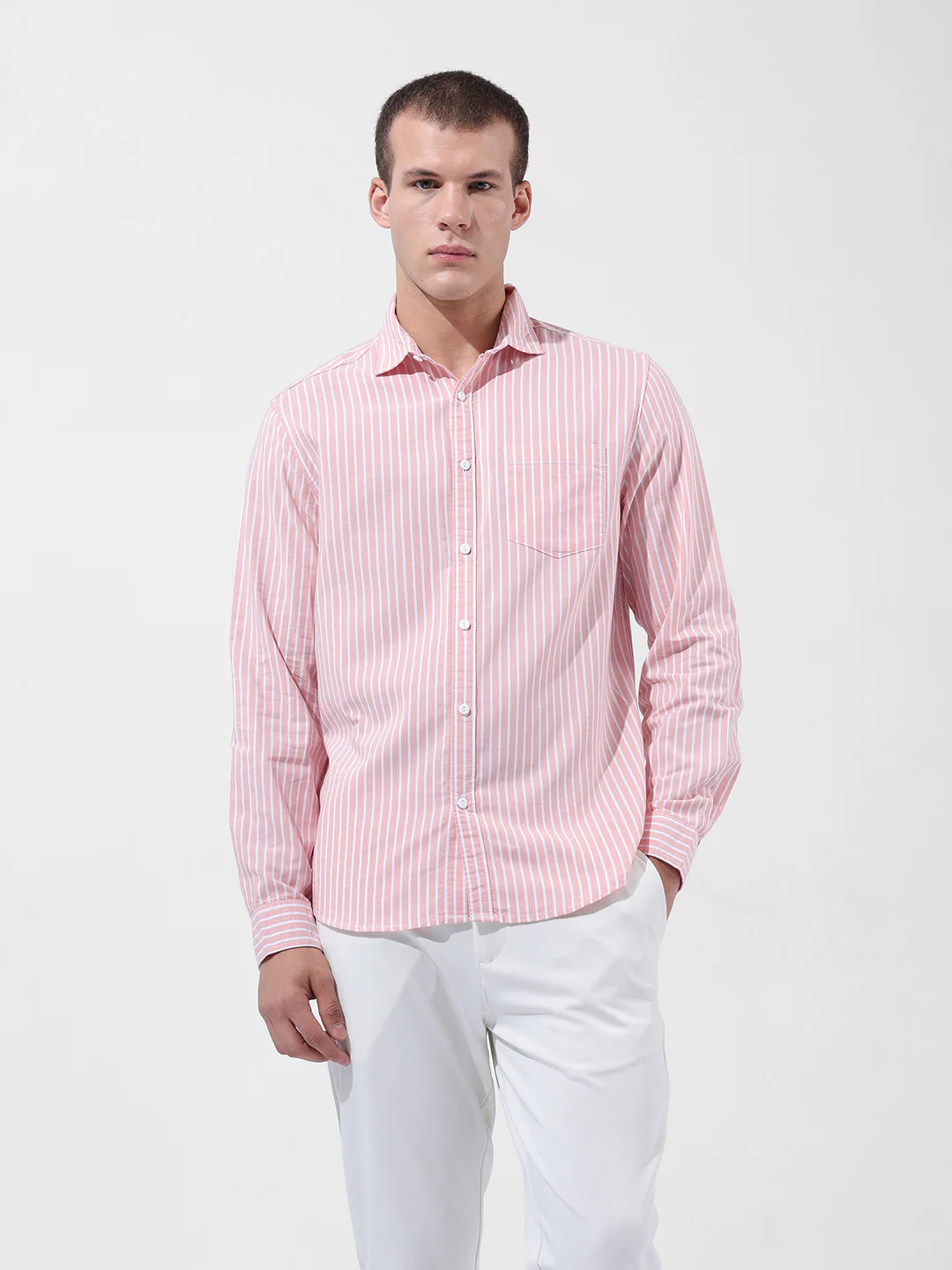 Men's Pink Slim Fit Striped Striped Shirt - Image 7