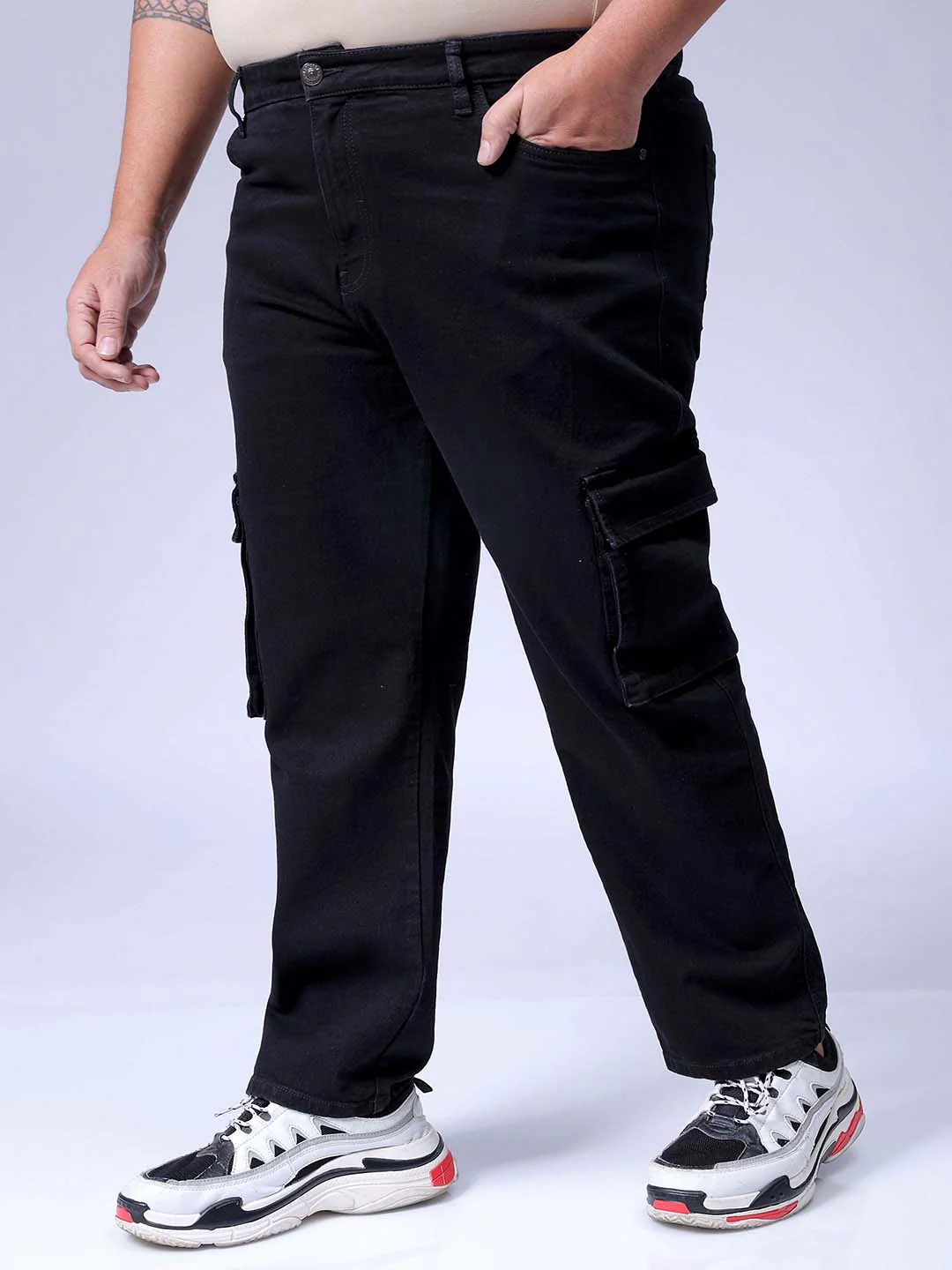 Men's Plus Size Black Baggy Fit Solid Stretchable Jeans - Image 3