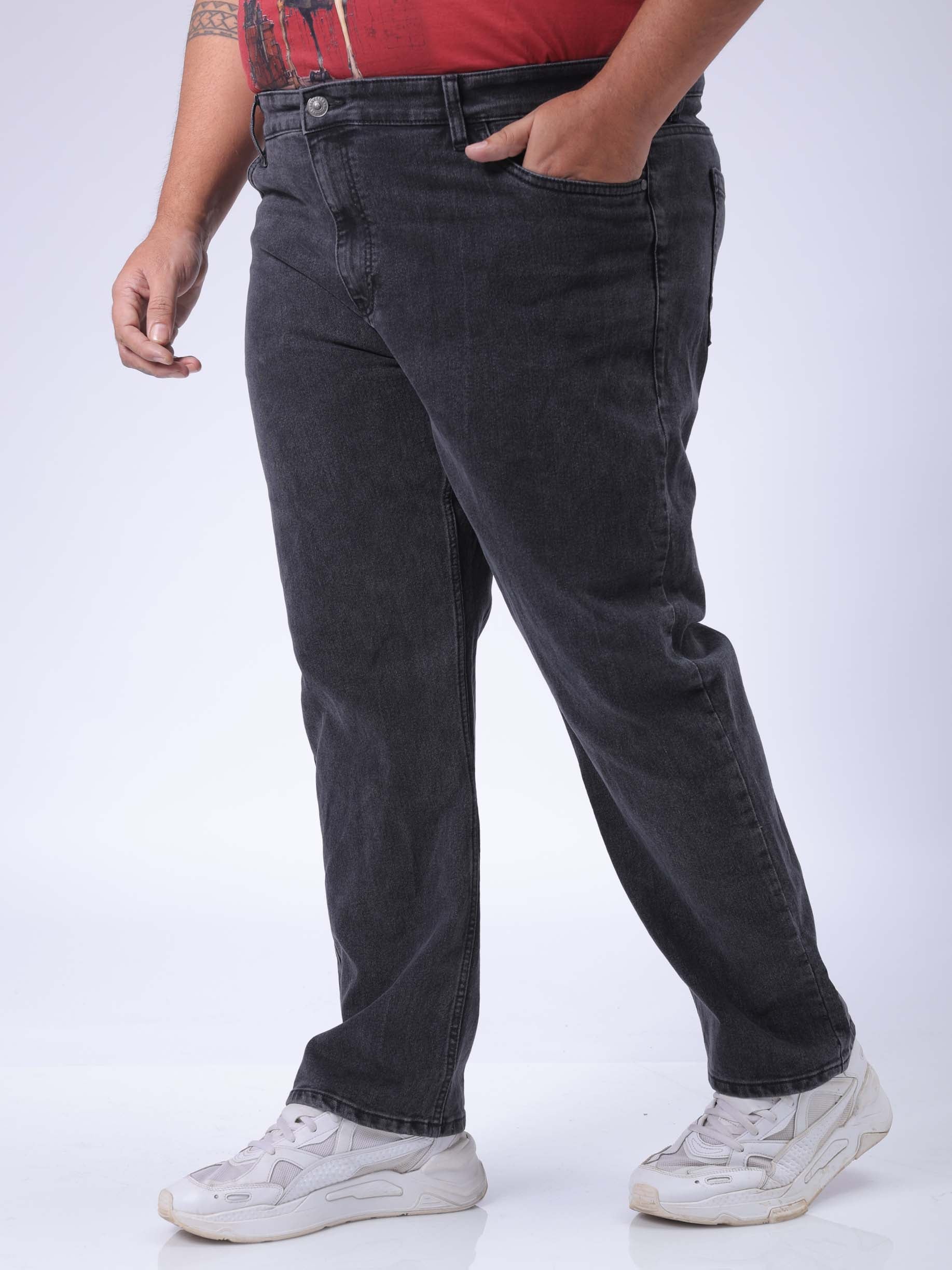 Men's Plus Size Black Vintage Straight Fit Solid Jeans - Image 2