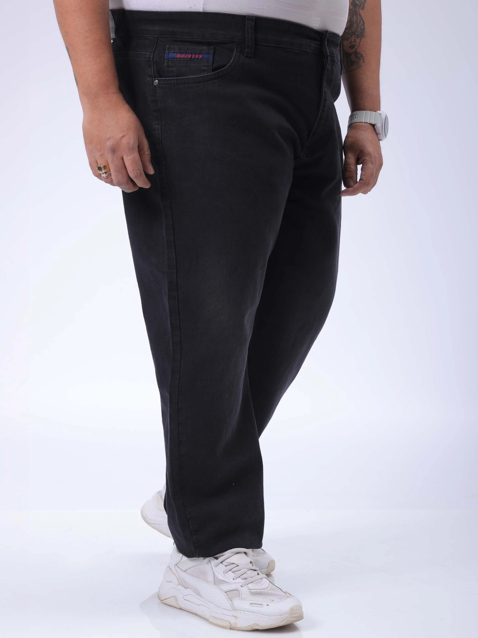 Men's Plus Size Black Vintage Straight Fit Solid Jeans - Image 3