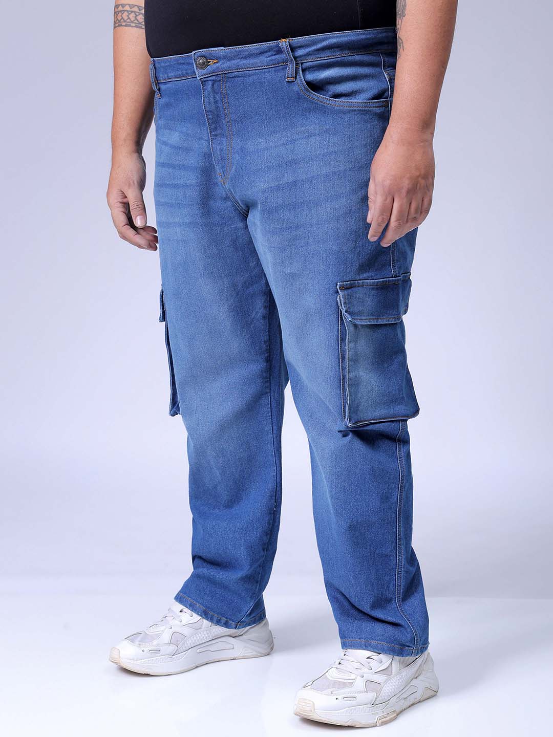 Men's Plus Size Blue Baggy Fit Solid Stretchable Jeans - Image 3