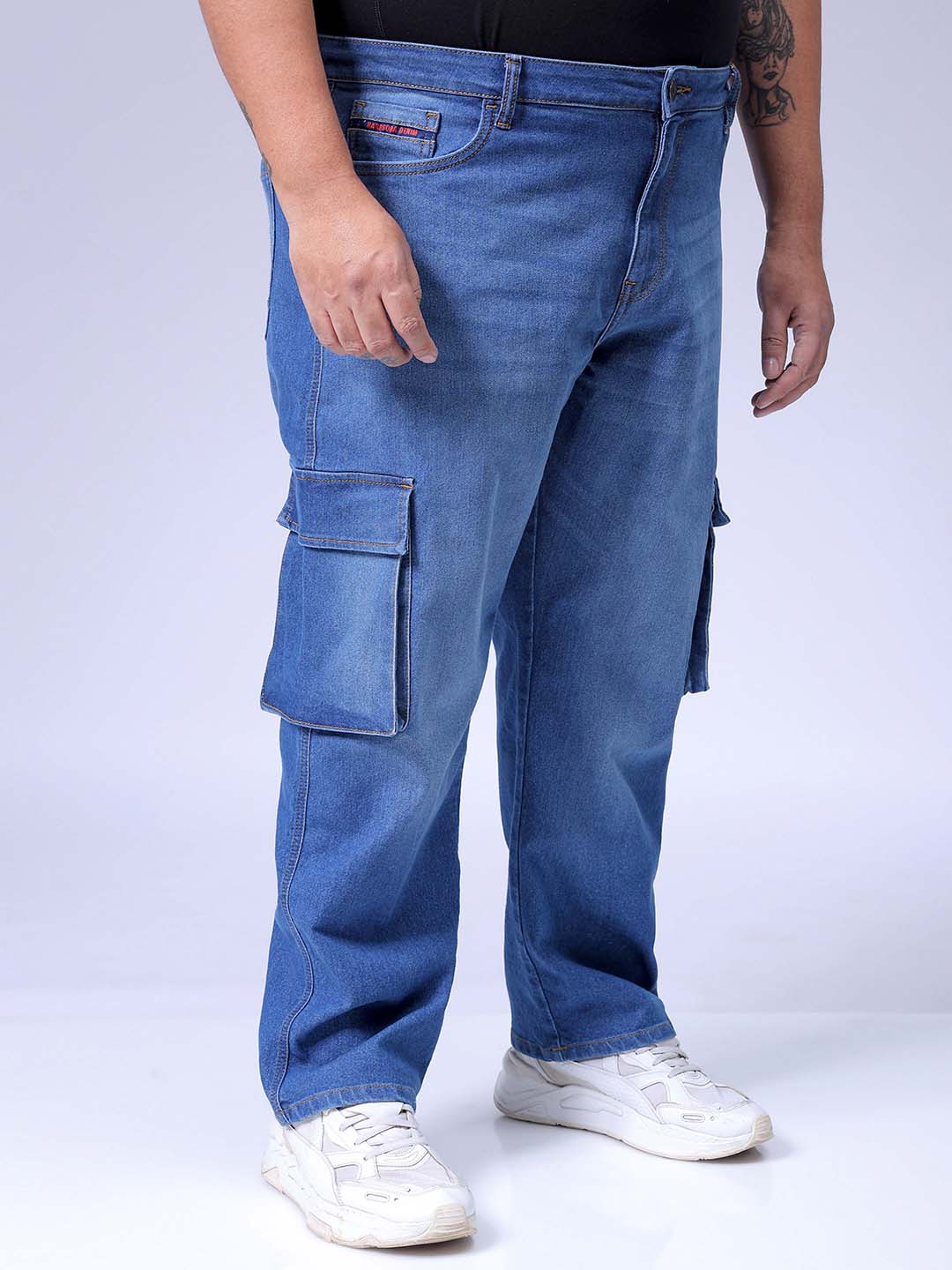 Men's Plus Size Blue Baggy Fit Solid Stretchable Jeans - Image 4