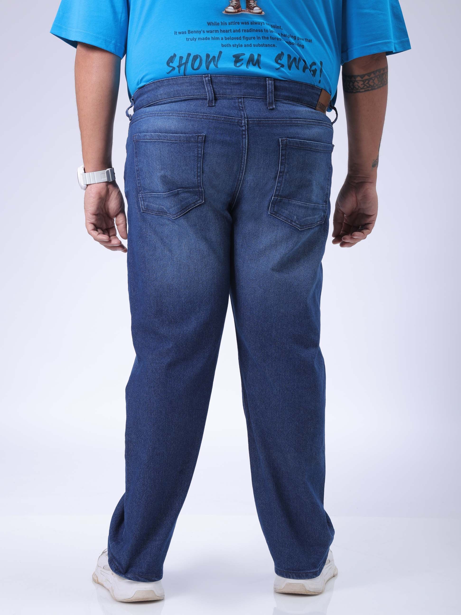 Men's Plus Size Blue Vintage Straight Fit Solid Jeans - Image 5