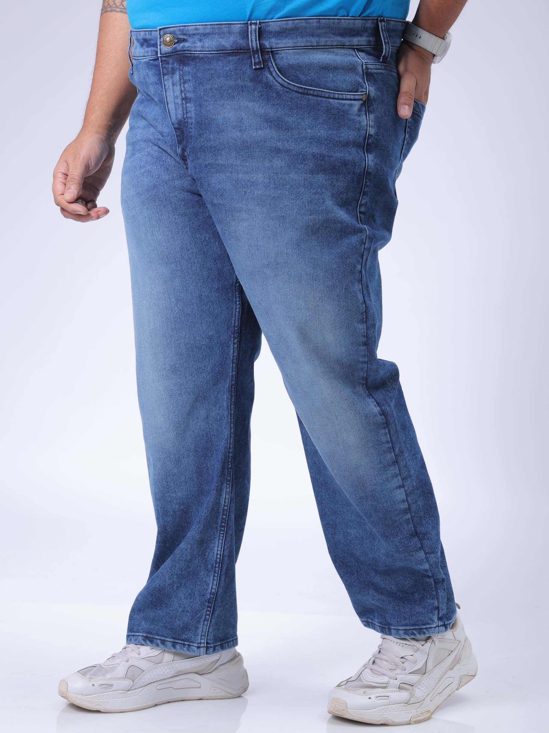 Men's Plus Size Blue Vintage Straight Fit Solid Jeans - Image 3