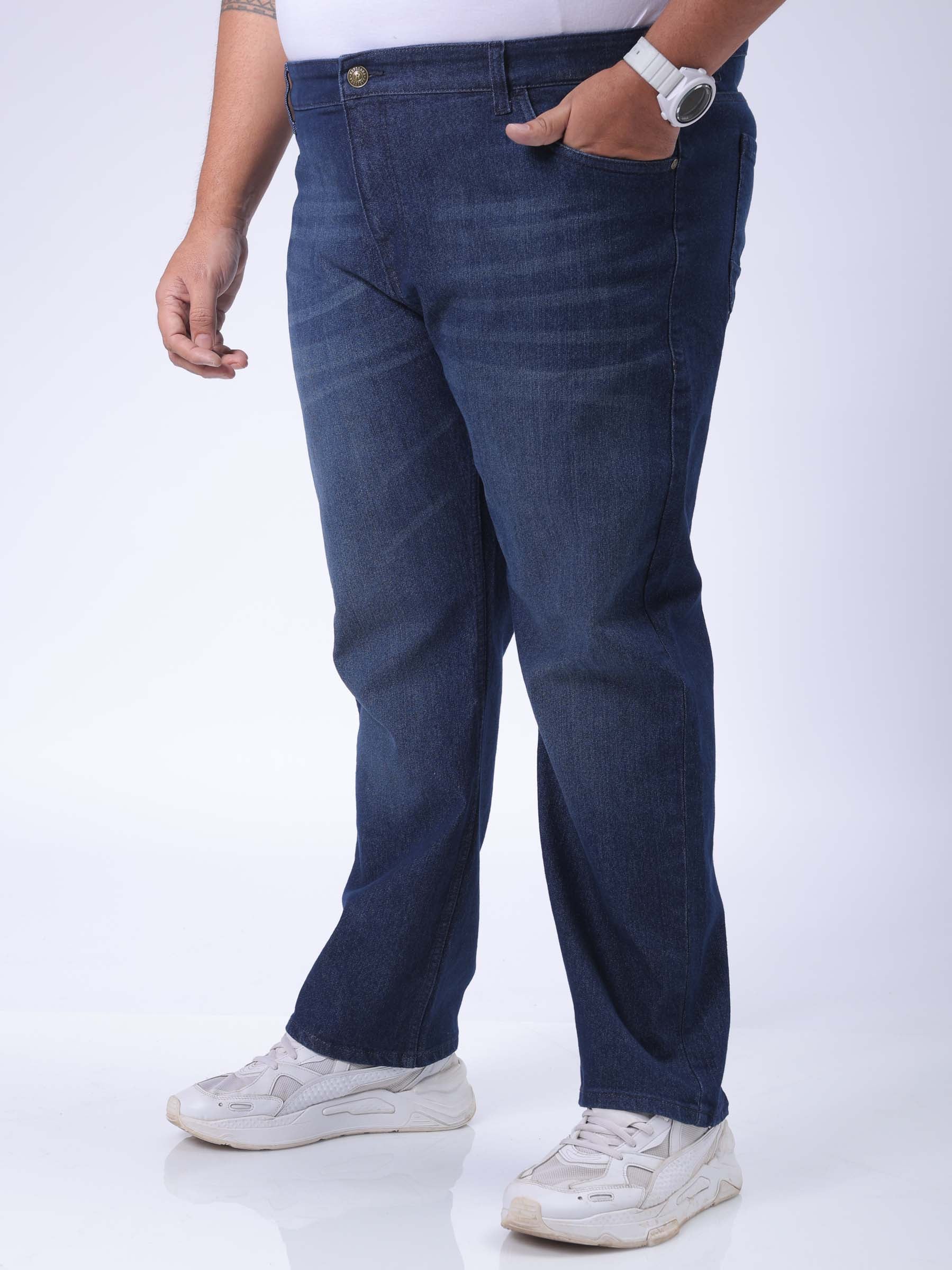 Men's Plus Size Blue Vintage Straight Fit Solid Jeans - Image 2