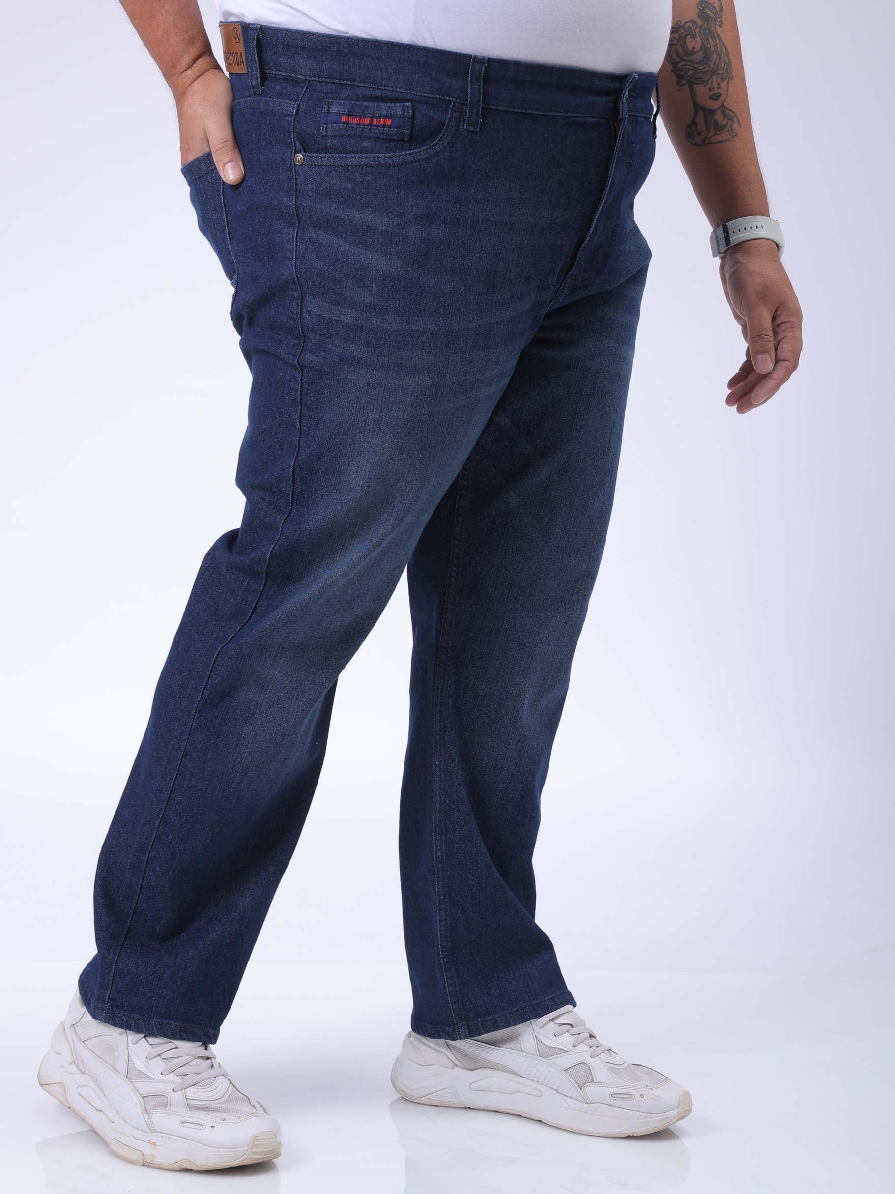 Men's Plus Size Blue Vintage Straight Fit Solid Jeans - Image 3