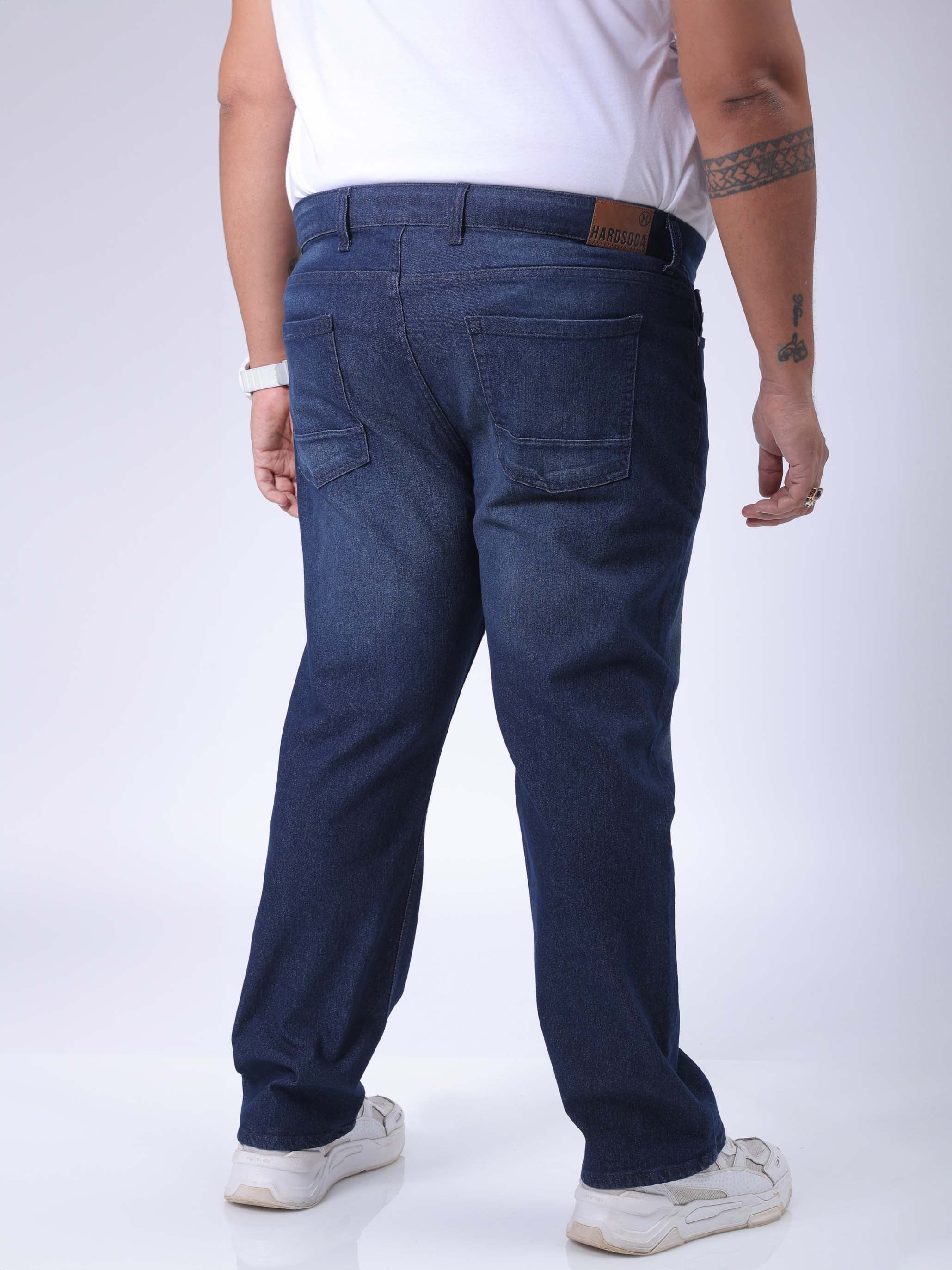Men's Plus Size Blue Vintage Straight Fit Solid Jeans - Image 4