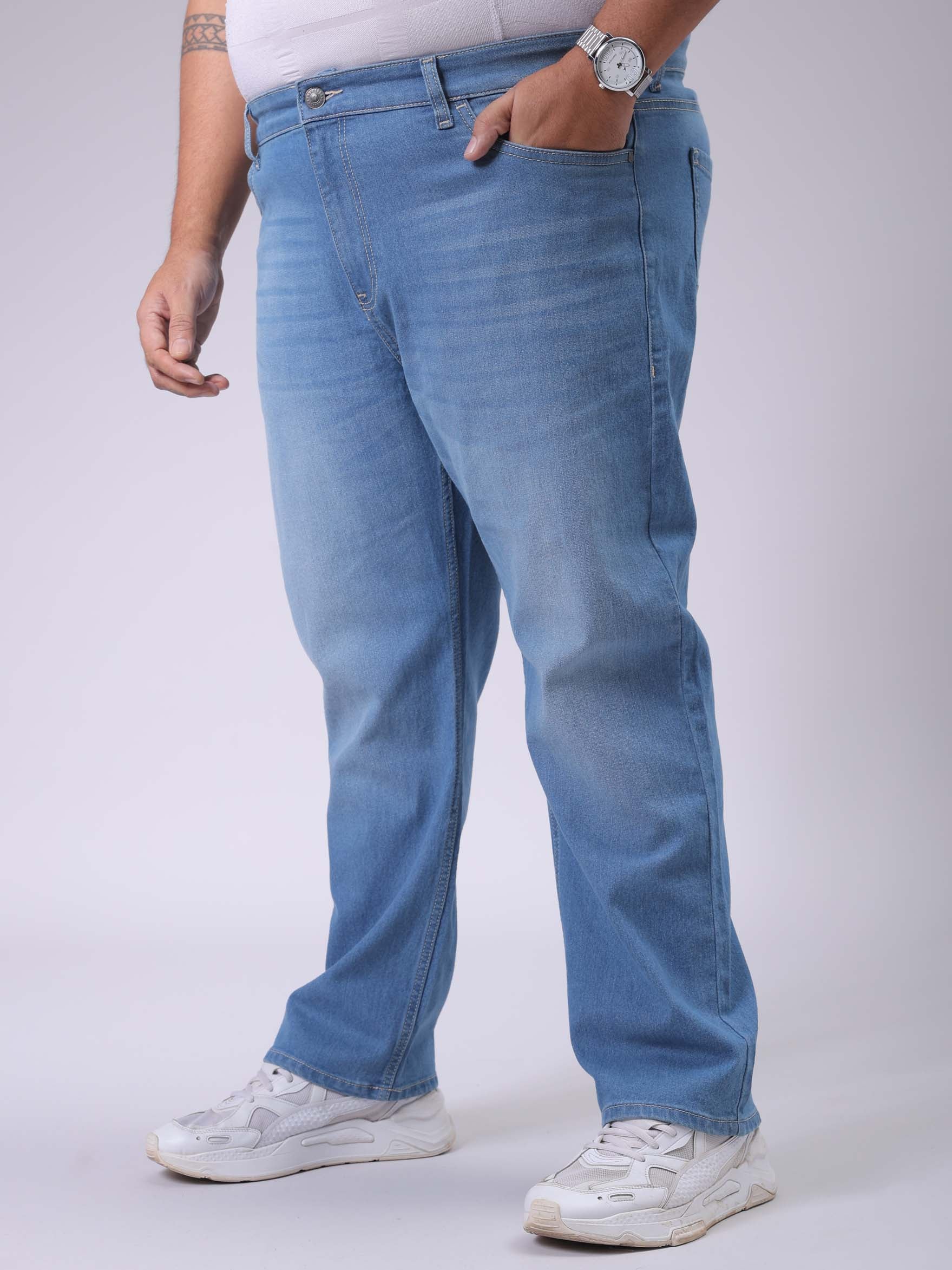 Men's Plus Size Blue Vintage Straight Fit Solid Jeans - Image 3