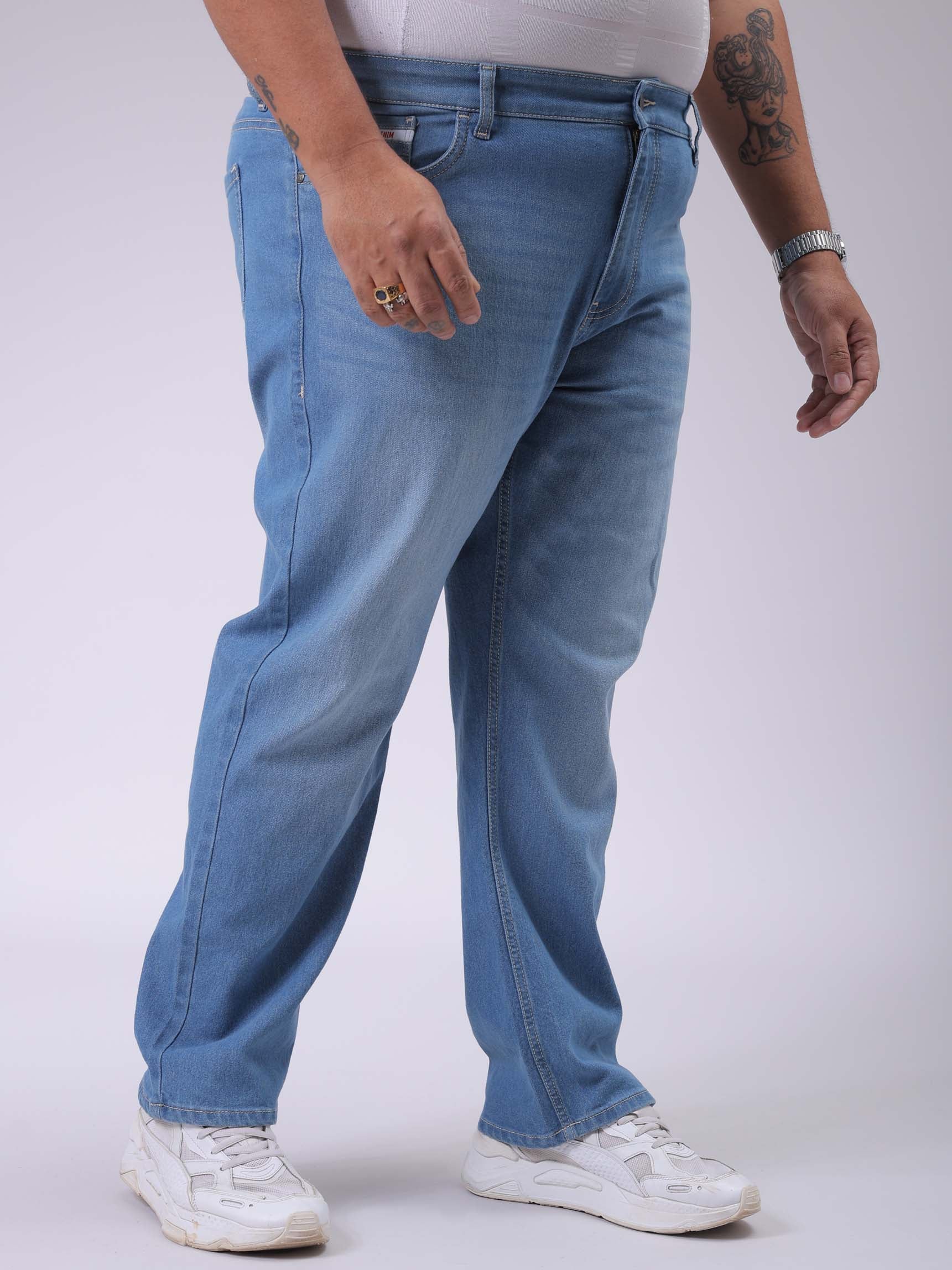 Men's Plus Size Blue Vintage Straight Fit Solid Jeans - Image 4