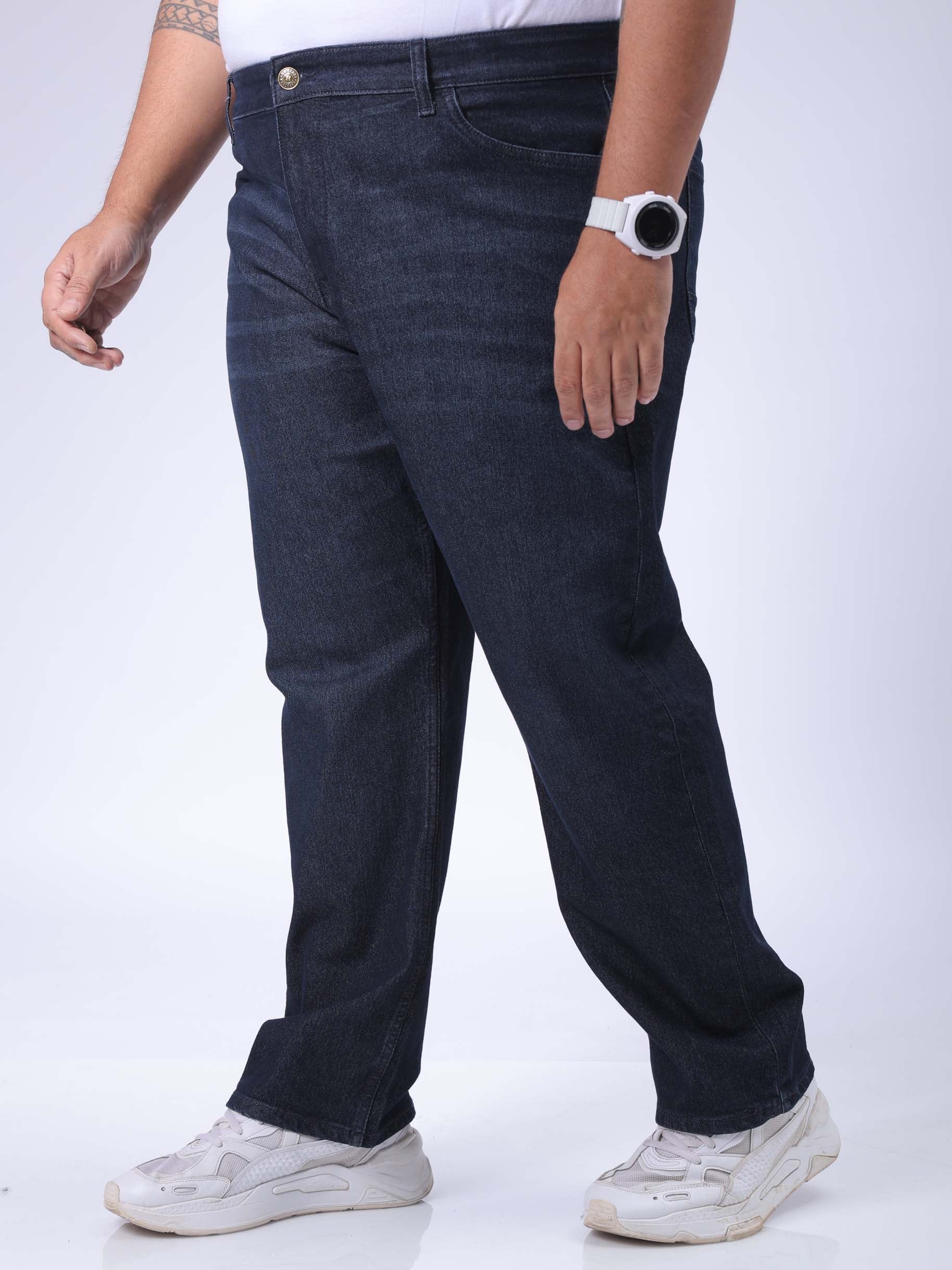 Men's Plus Size Blue Vintage Straight Fit Solid Jeans - Image 3