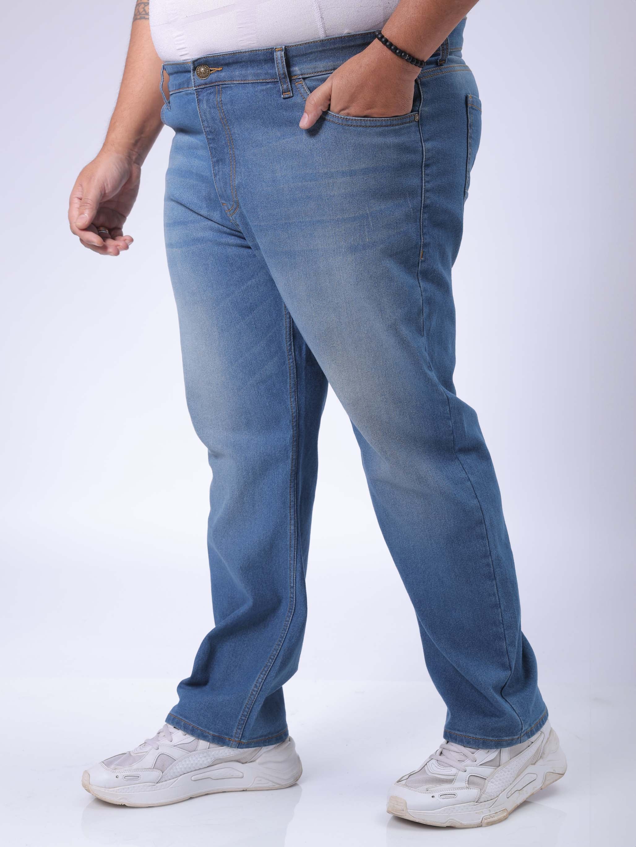 Men's Plus Size Blue Vintage Straight Fit Solid Jeans - Image 3