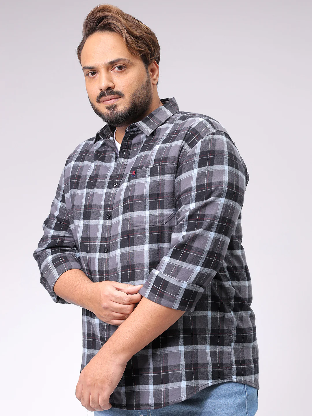 Men's Grey Regular Fit Checked Casual Shirt - Image 3