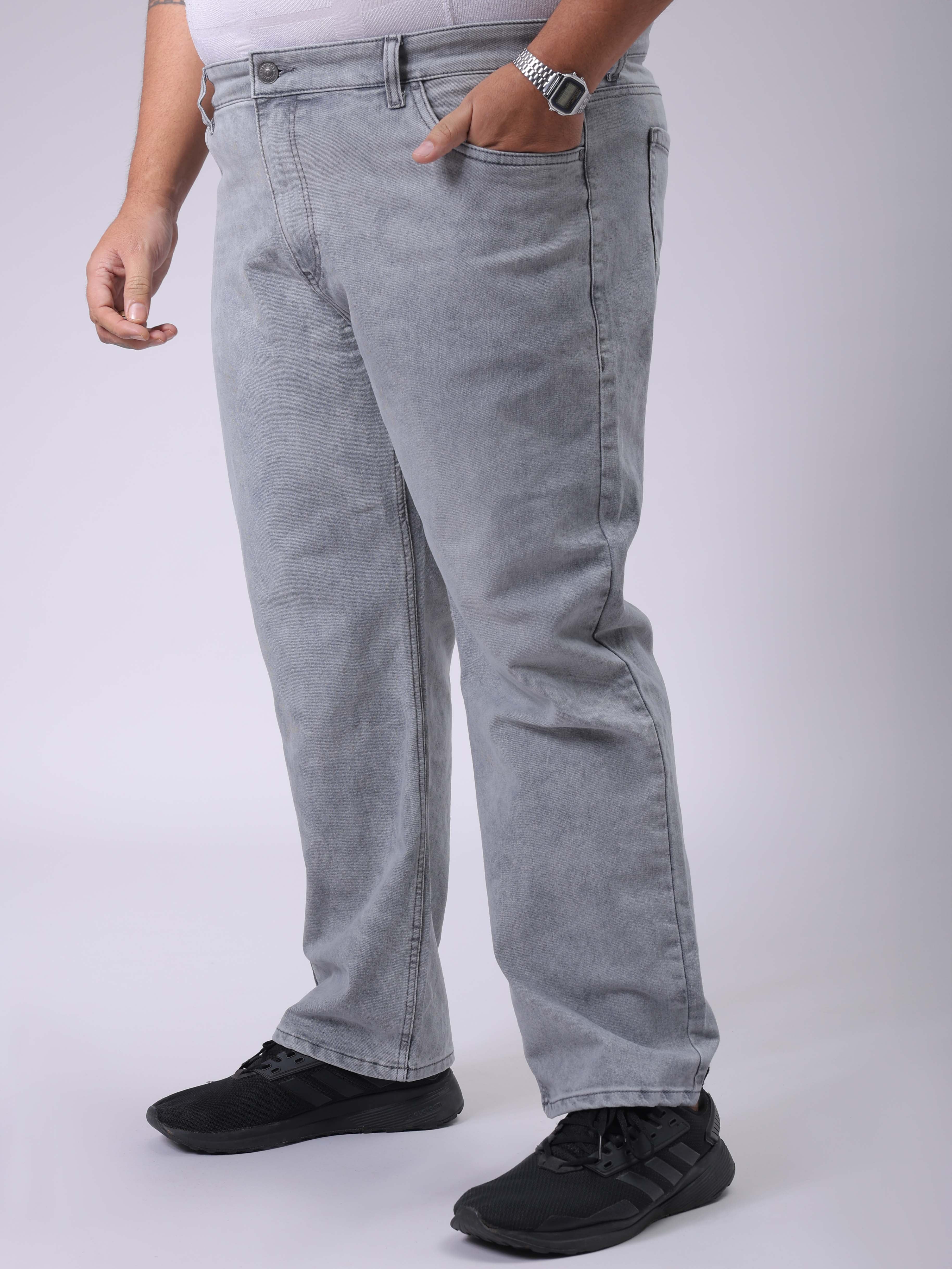 Men's Plus Size Grey Vintage Straight Fit Solid Jeans - Image 3