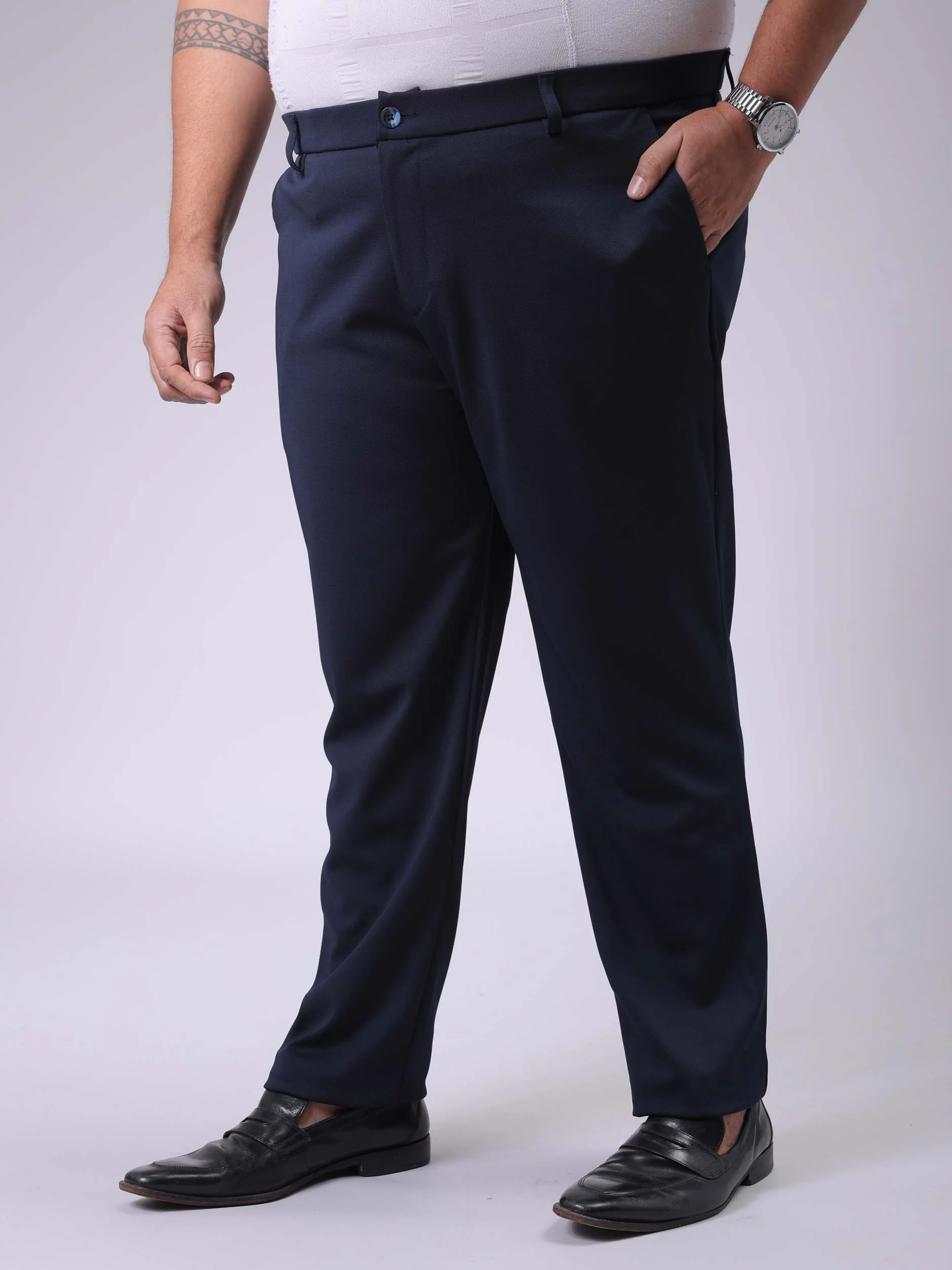 Men's Plus Size Navy Blue Regular Fit Solid Chinos - Image 4
