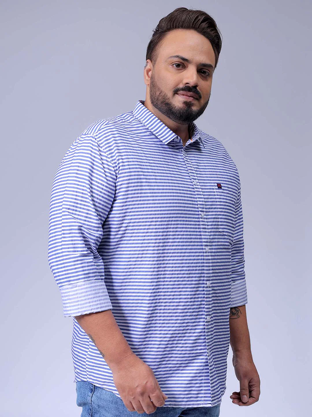 Men's Blue Size Striped Casual Shirt - Image 3