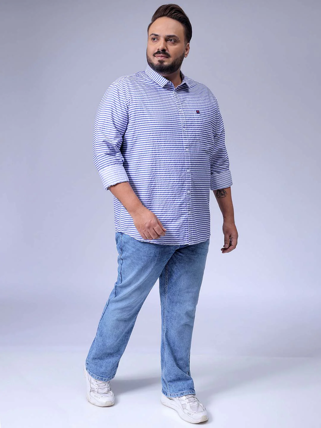 Men's Blue Size Striped Casual Shirt - Image 4