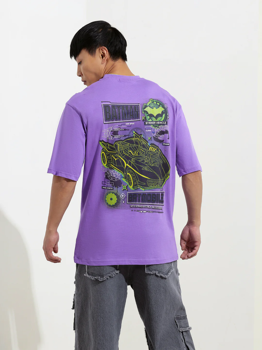 Men's Purple Boxy Fit Character Batman Printed Crew Neck T-Shirt - Image 6