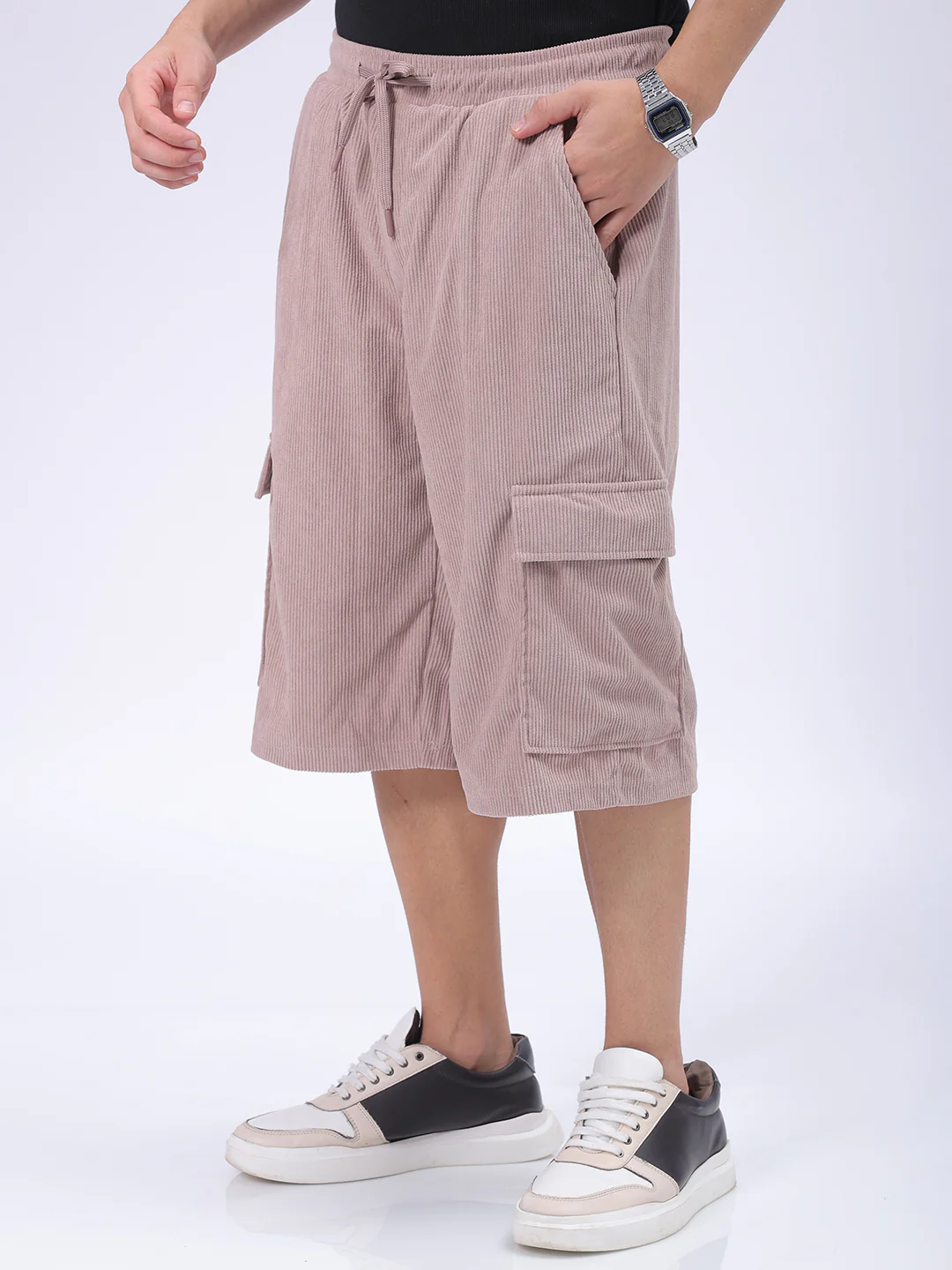 Men's Light Mauve Loose Fit Textured Utility Shorts - Image 3