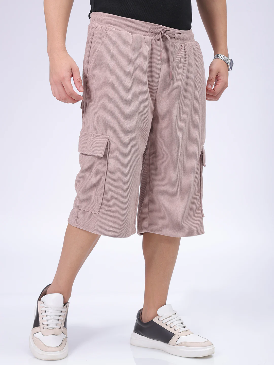 Men's Light Mauve Loose Fit Textured Utility Shorts - Image 5