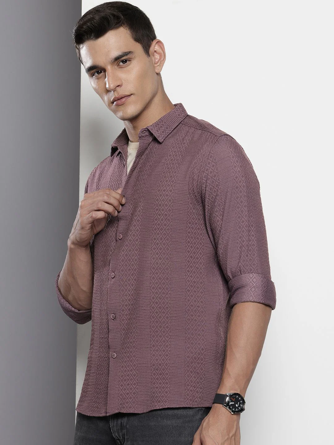 Men's Dusty Grape Regular Fit Solid Textured Shirt - Image 2