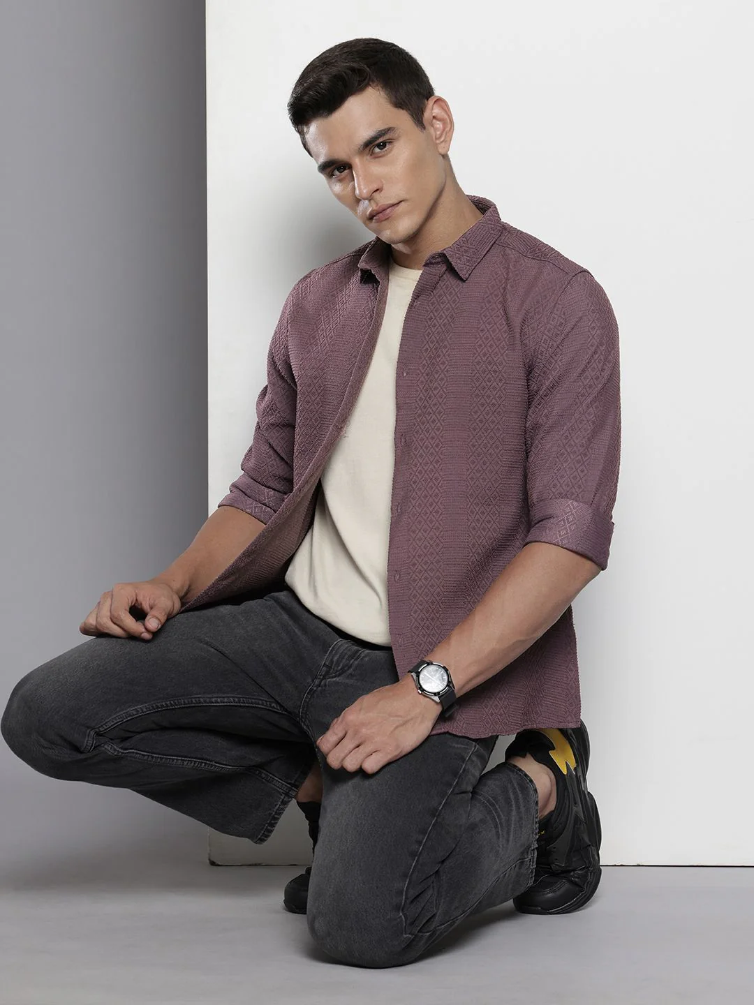Men's Dusty Grape Regular Fit Solid Textured Shirt - Image 3