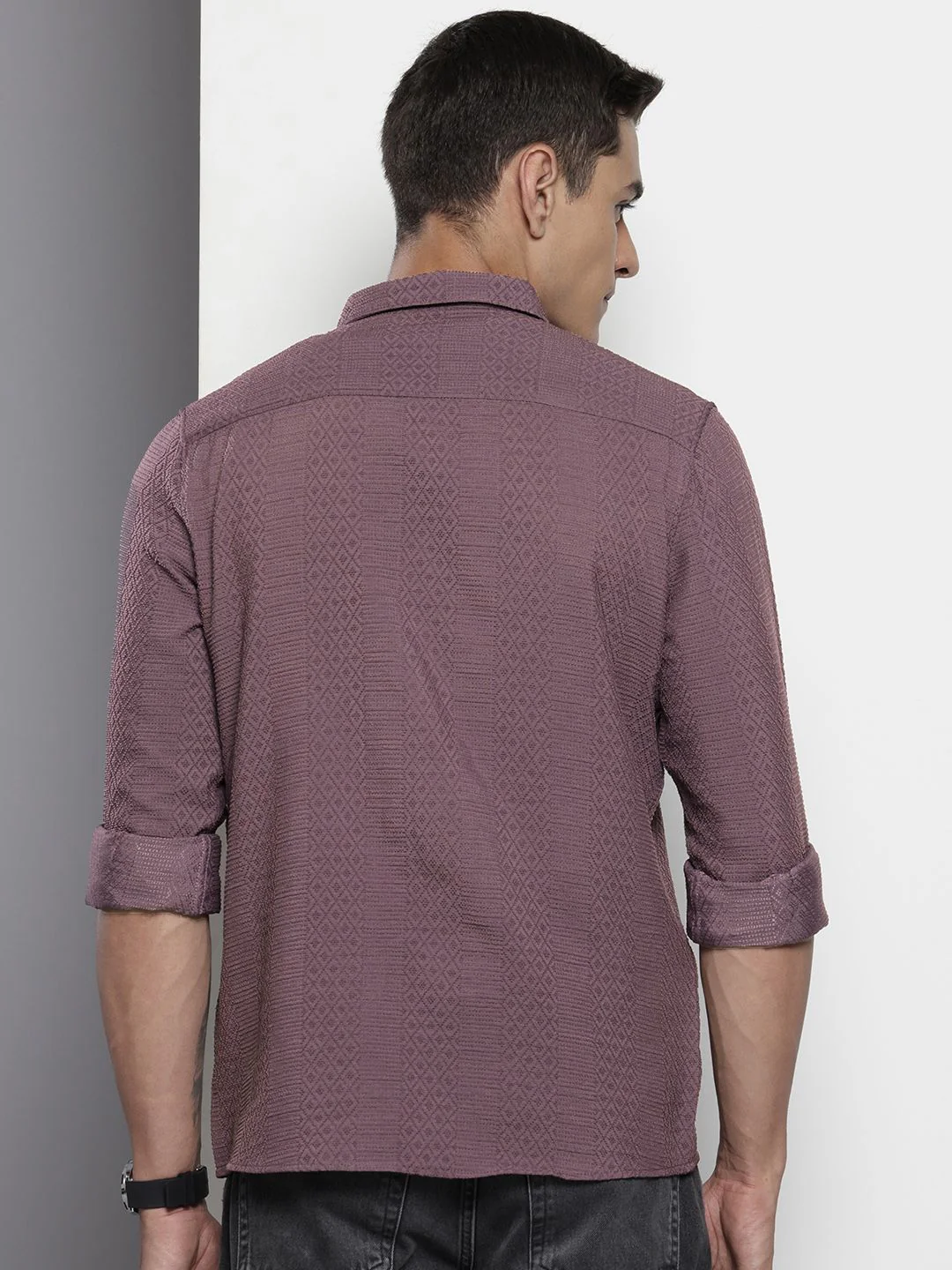 Men's Dusty Grape Regular Fit Solid Textured Shirt - Image 4
