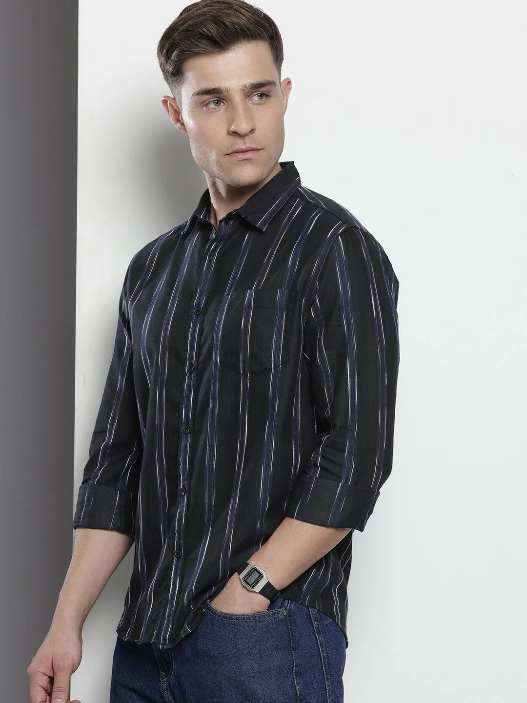 Men's Purple Slim Fit Striped Casual Shirt - Image 2