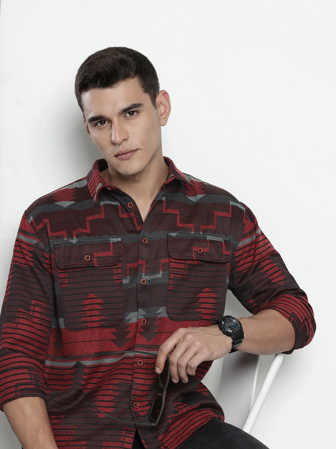 Men's Red Relaxed Fit Geometric Print Bohemian Printed Shirt