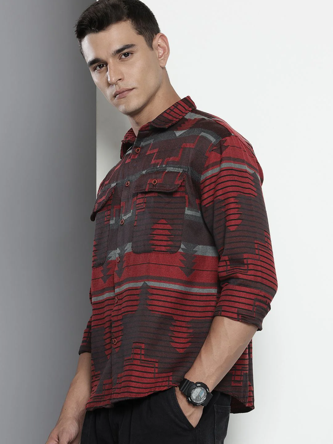 Men's Red Relaxed Fit Geometric Print Bohemian Printed Shirt - Image 2