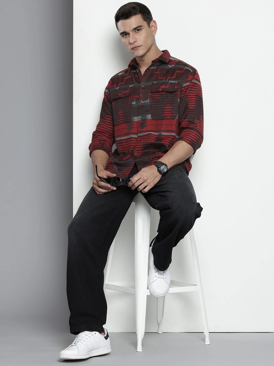 Men's Red Relaxed Fit Geometric Print Bohemian Printed Shirt - Image 5