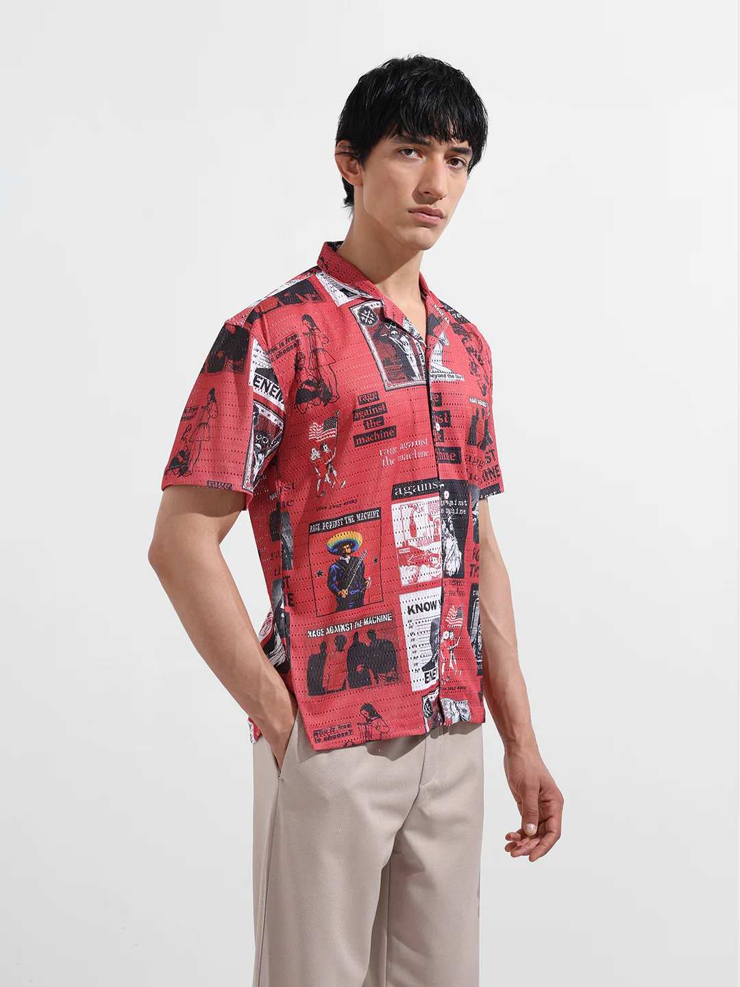Men's Red Relaxed Fit Printed Resort Shirt - Image 3