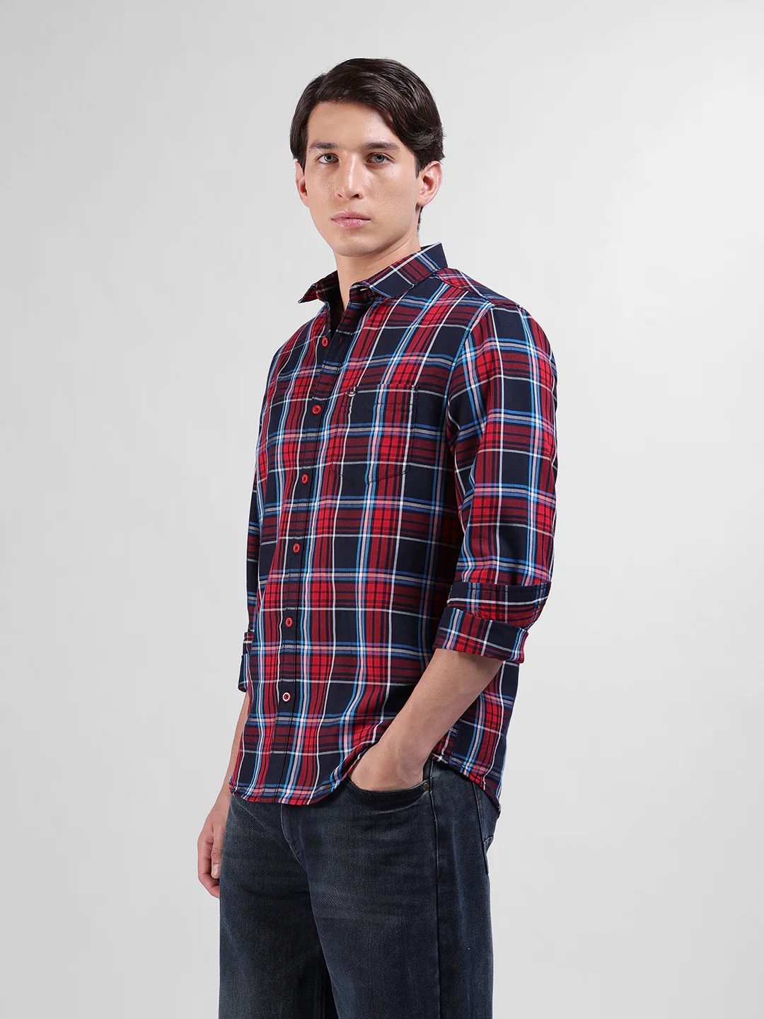 Men's Red Slim Fit Checkered Casual Shirt - Image 2