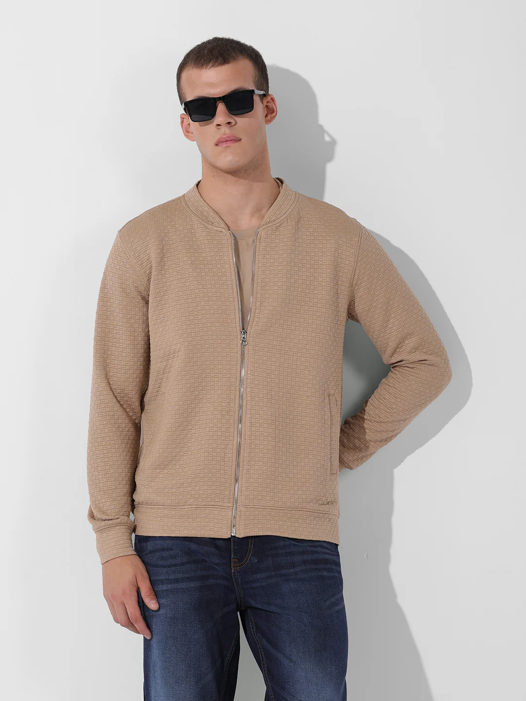 Men's Beige Regular Fit Textured Casual Sweatshirts - Image 3