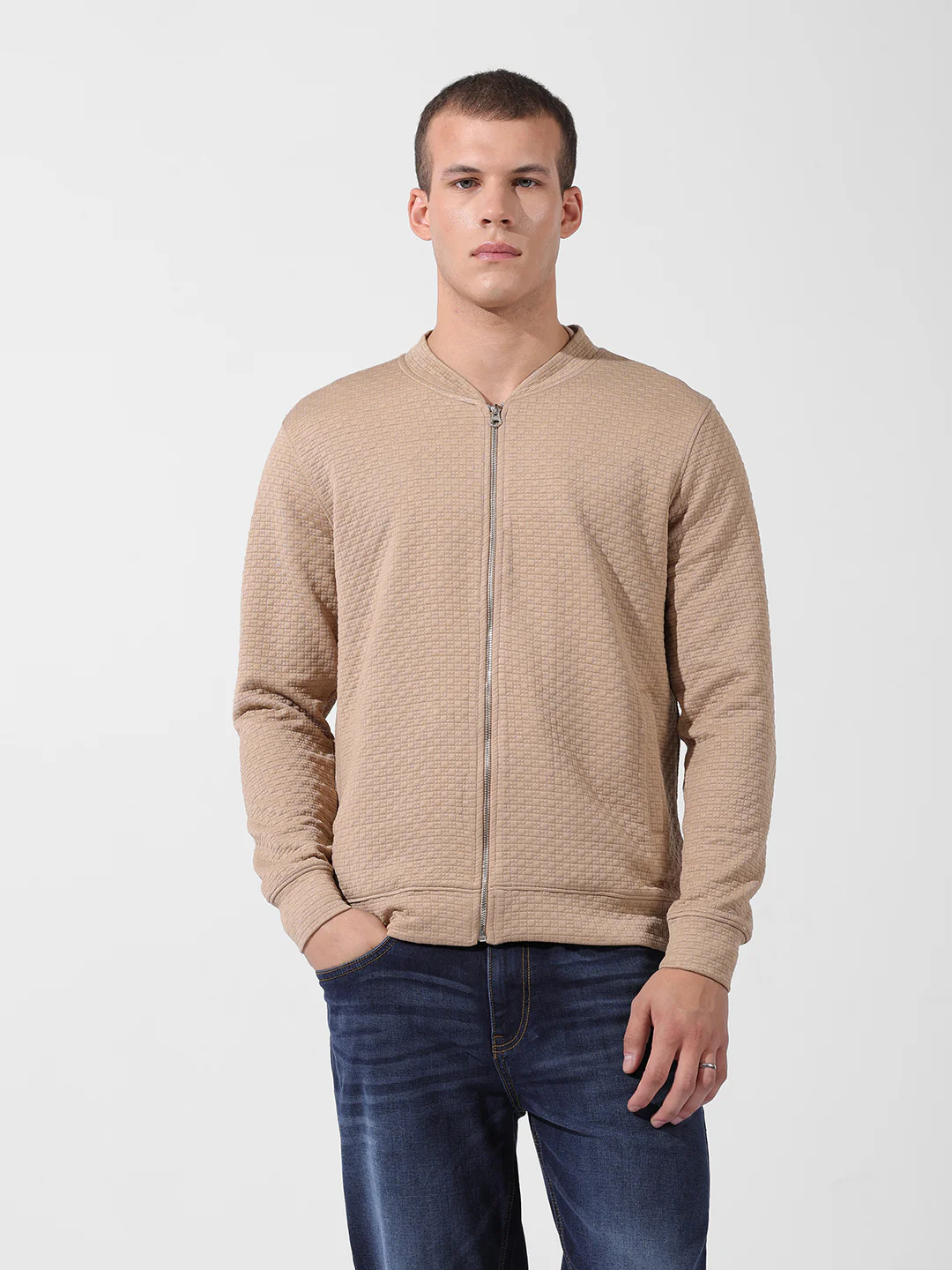Men's Beige Regular Fit Textured Casual Sweatshirts - Image 4