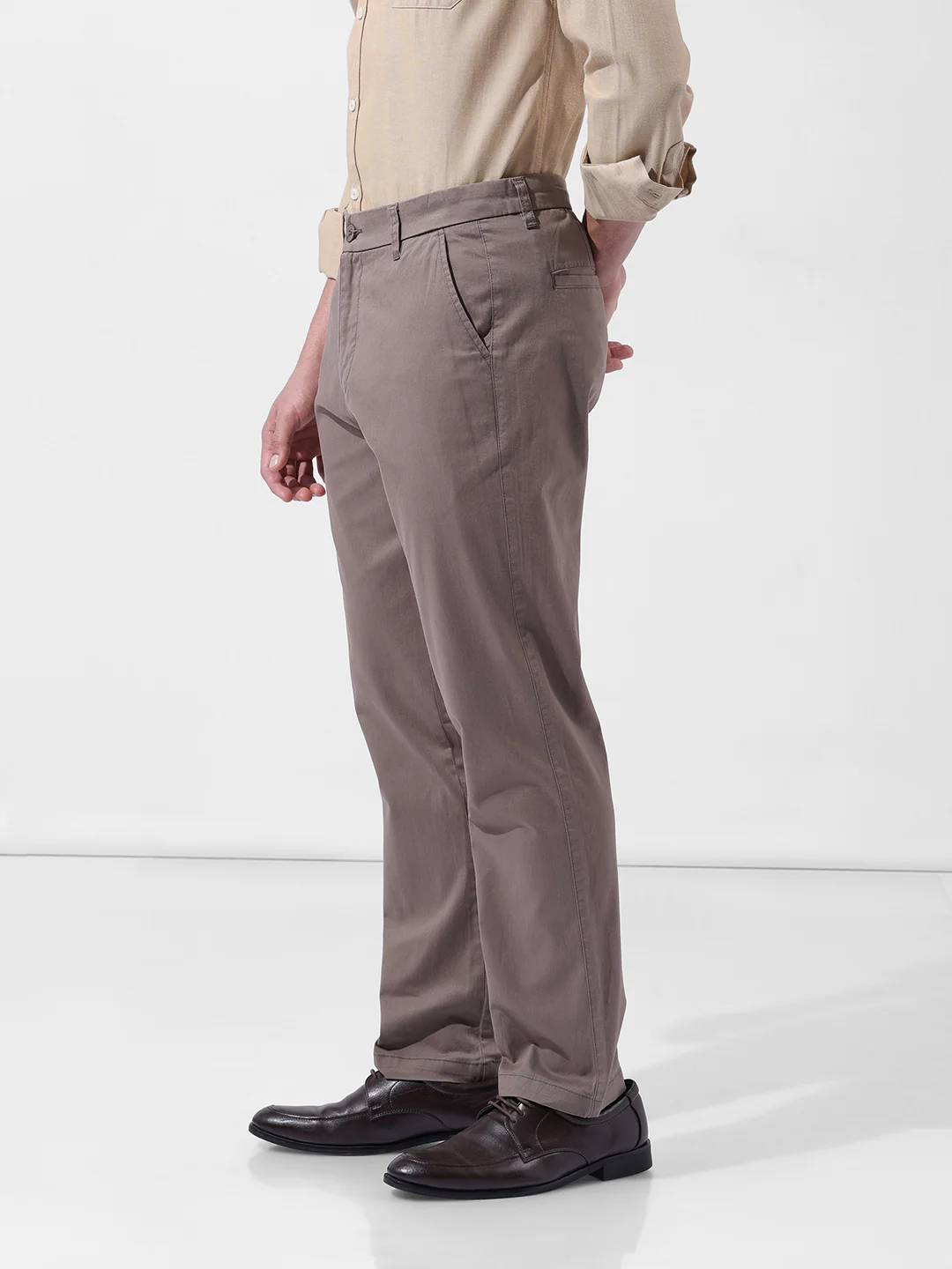 Men's Taupe Regular Fit Solid Casual Chinos - Image 2