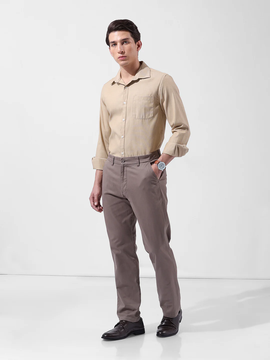 Men's Taupe Regular Fit Solid Casual Chinos - Image 5