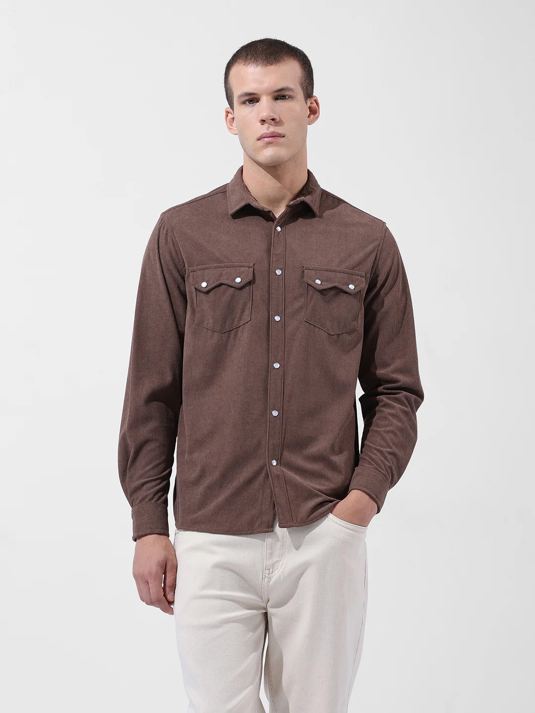 Men's Brown Regular Fit Embroided Street Shirt - Image 2