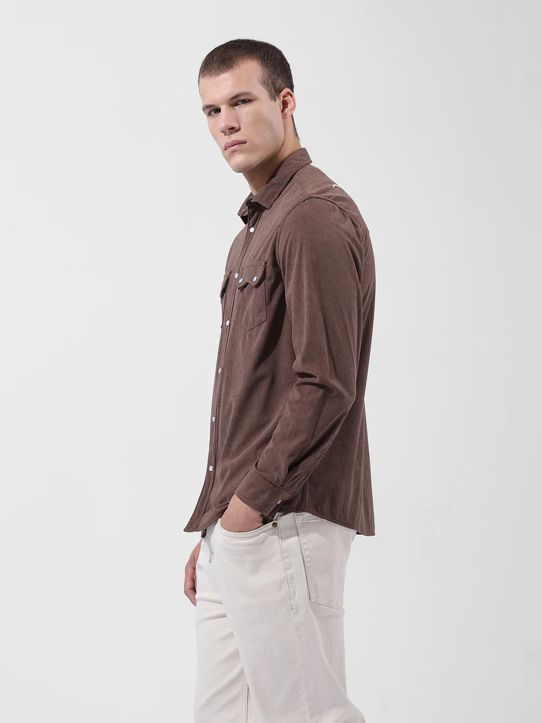 Men's Brown Regular Fit Embroided Street Shirt - Image 3