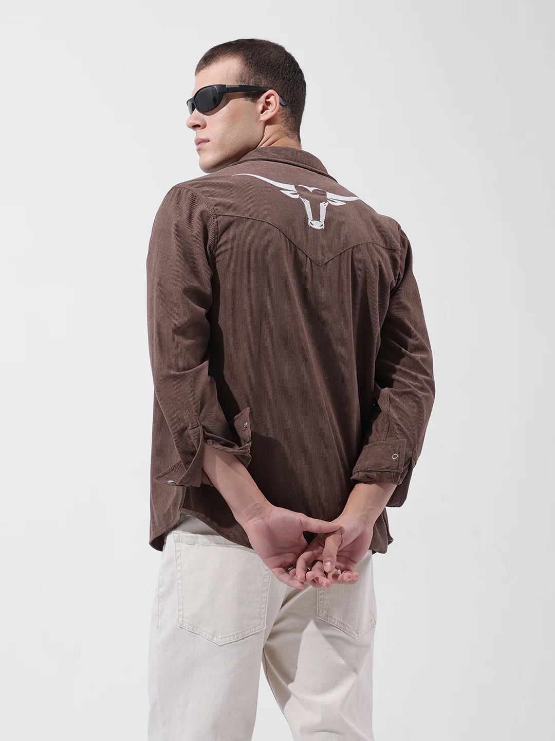 Men's Brown Regular Fit Embroided Street Shirt - Image 8
