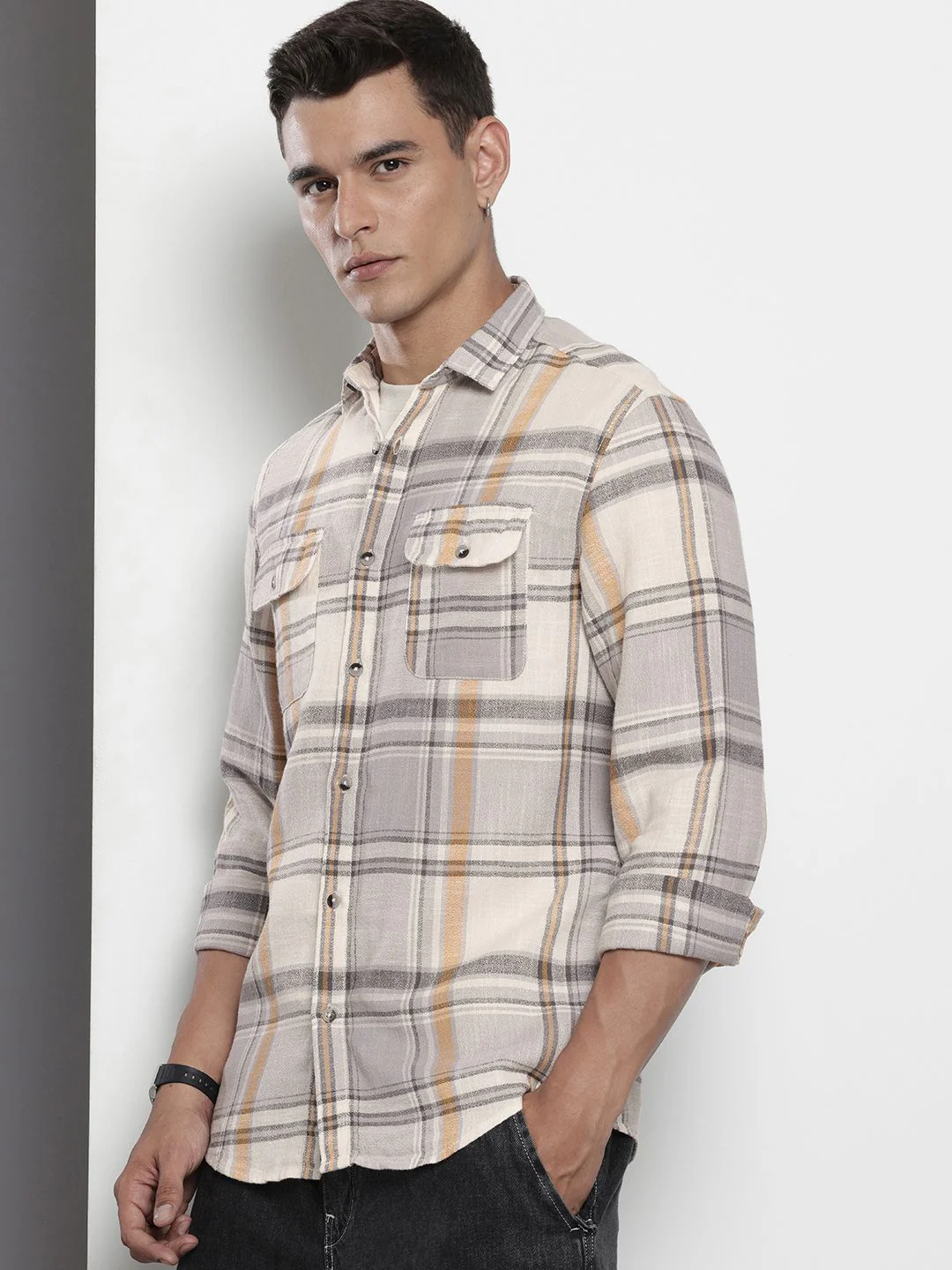 Men's Grey Regular Fit Checkered Casual Shirt - Image 2