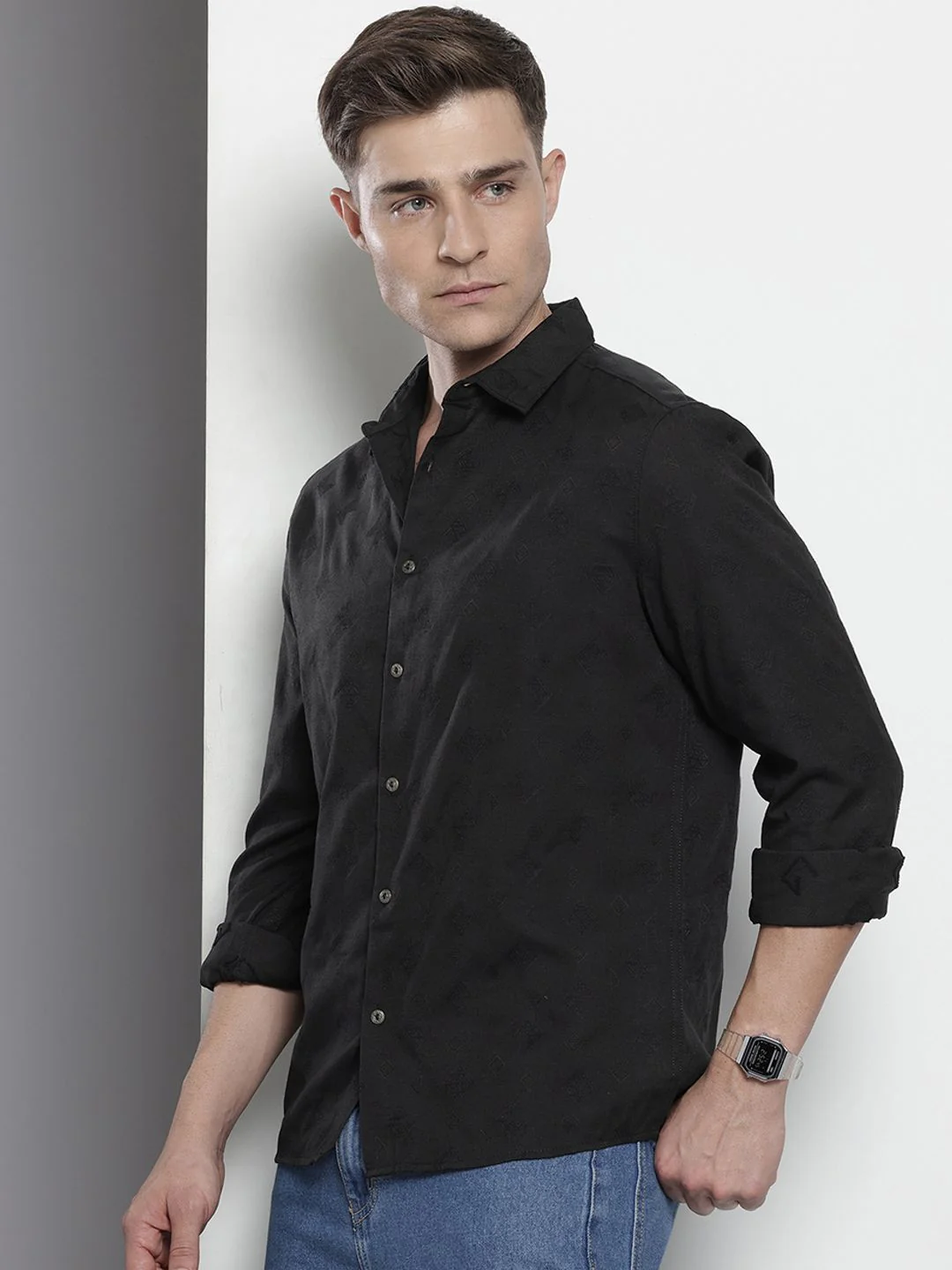 Men's Black Regular Fit Textured Textured Shirt - Image 2