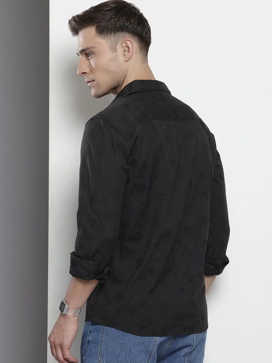 Men's Black Regular Fit Textured Textured Shirt - Image 4
