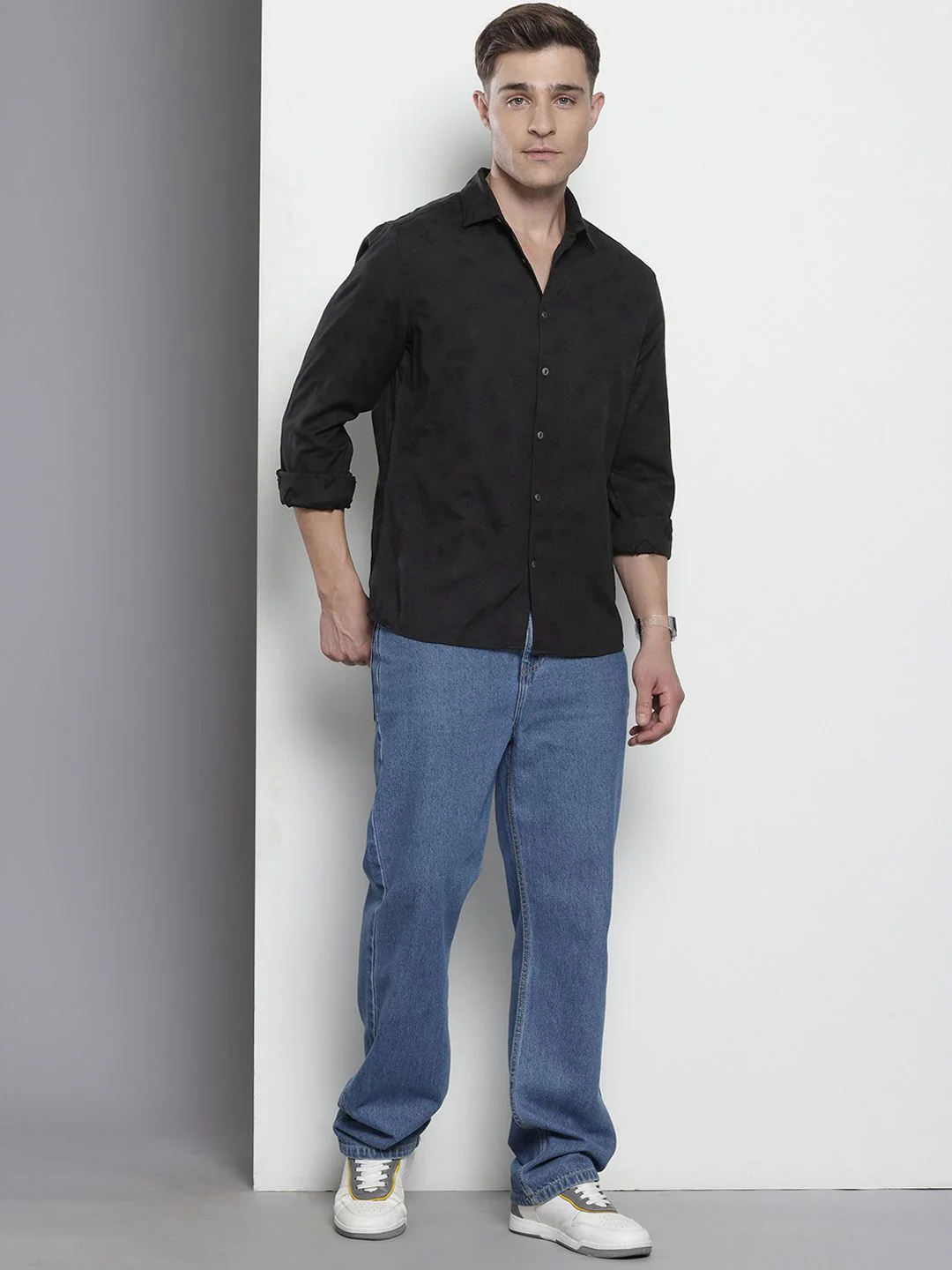 Men's Black Regular Fit Textured Textured Shirt - Image 5