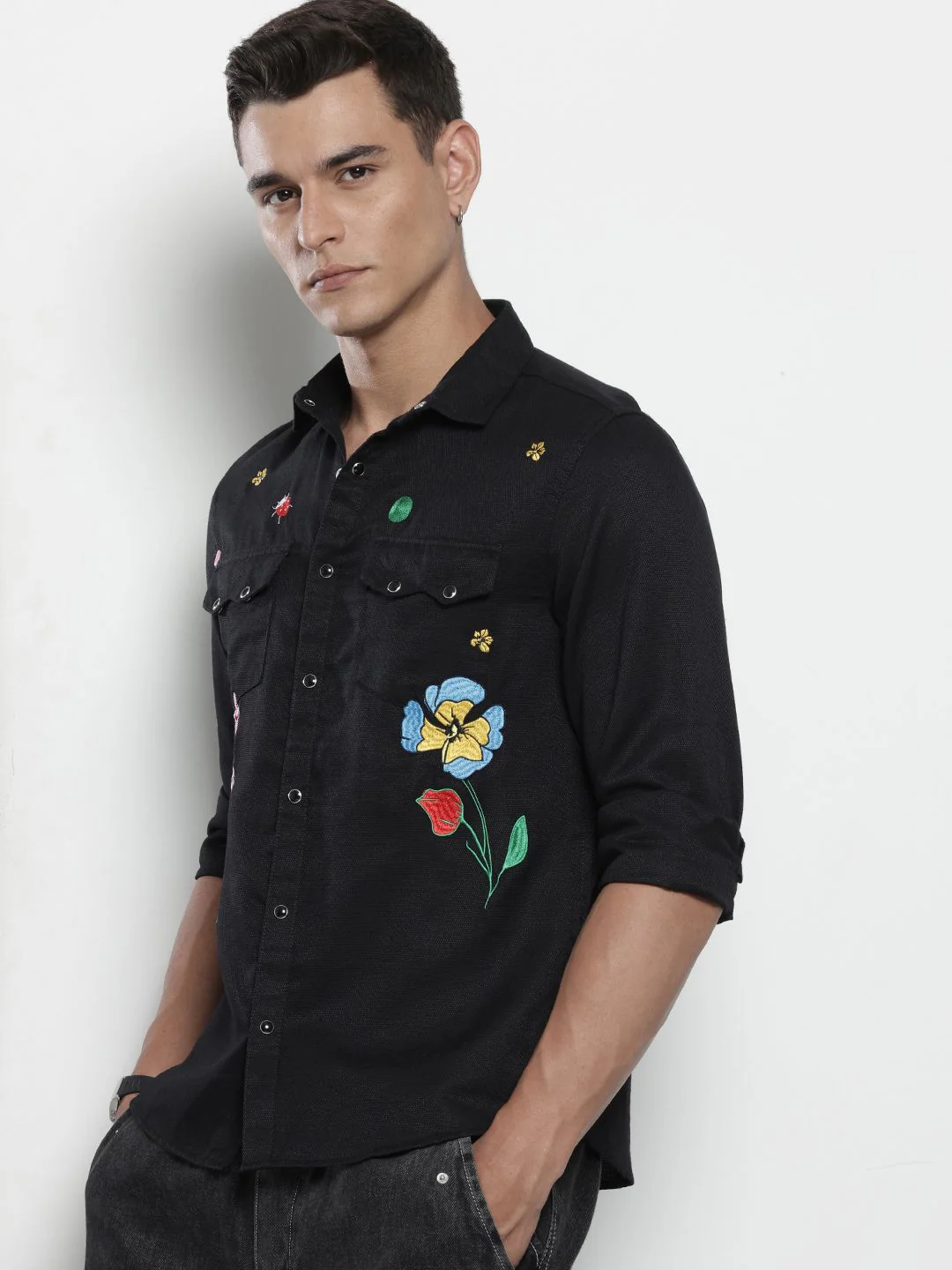 Men's Black Regular Fit Floral Print Embroidered Shirt - Image 2