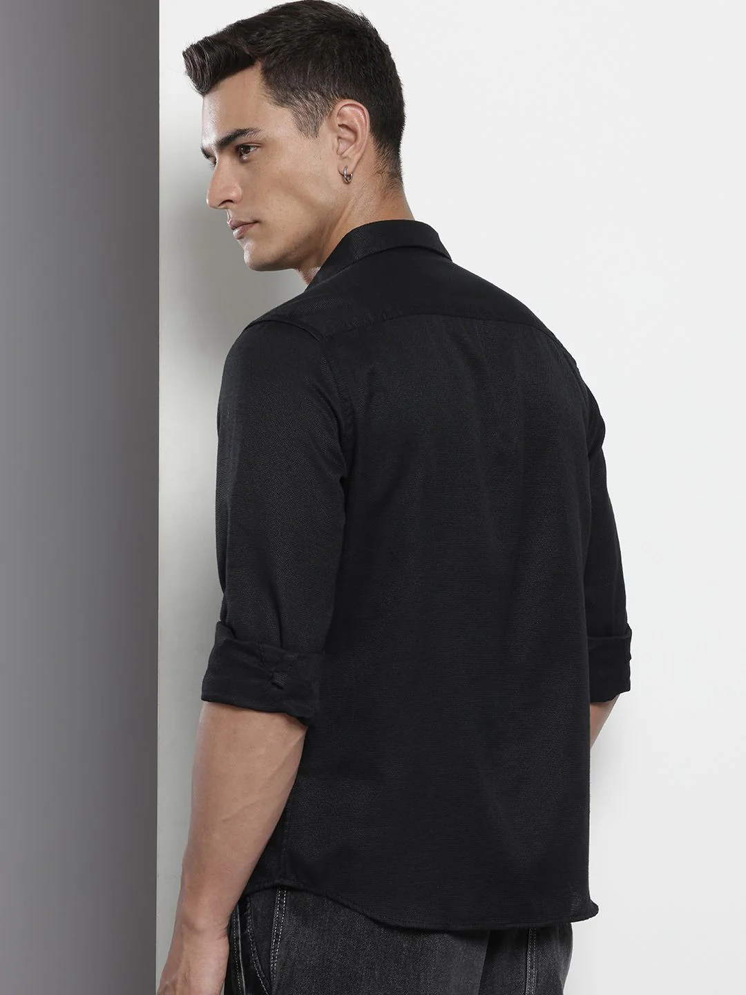 Men's Black Regular Fit Floral Print Embroidered Shirt - Image 3
