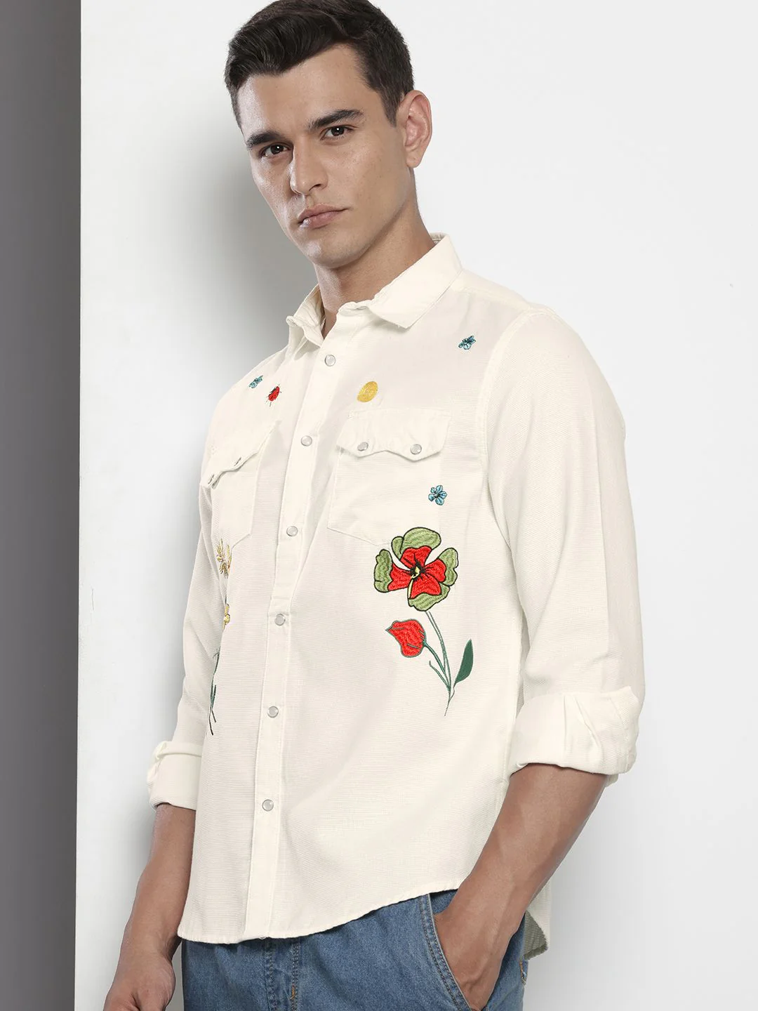 Men's White Regular Fit Floral Print Embroidered Shirt - Image 2