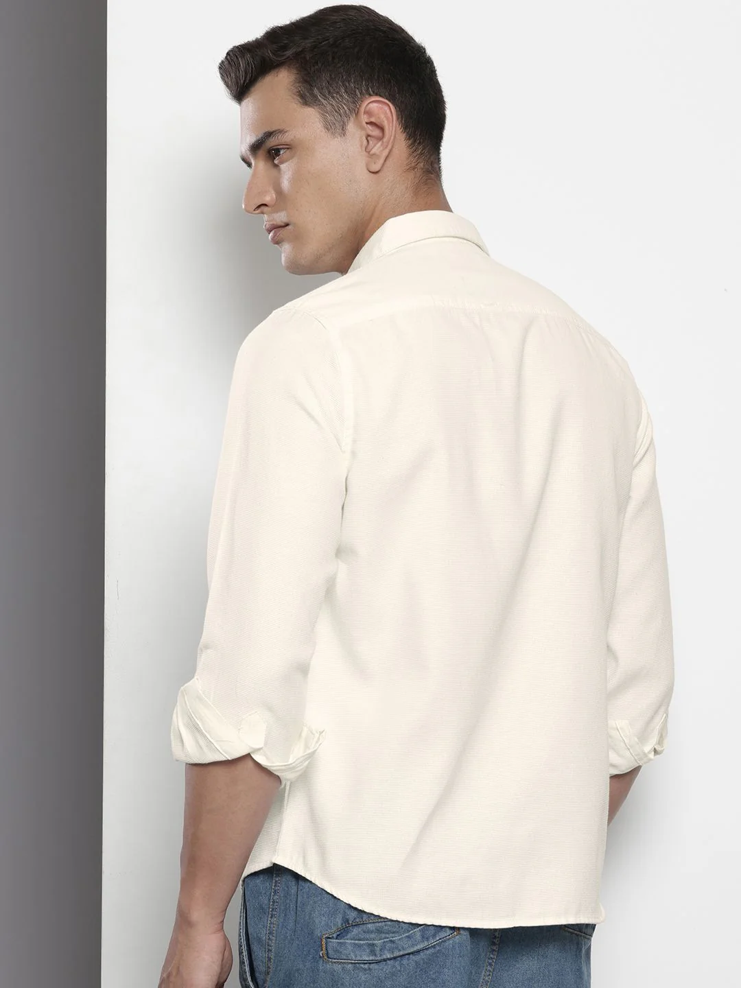 Men's White Regular Fit Floral Print Embroidered Shirt - Image 3