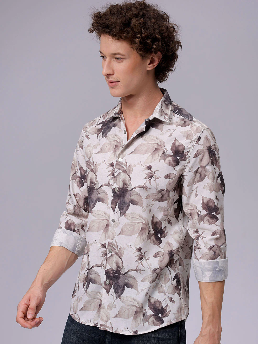 Men's Beige Regular Fit Floral Print Resort Wear Shirt - Image 2