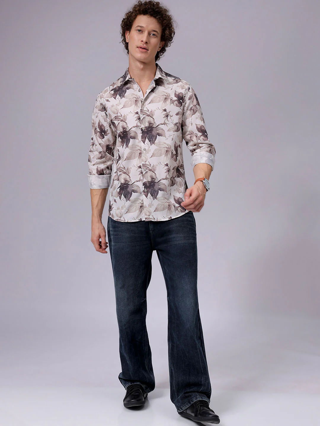 Men's Beige Regular Fit Floral Print Resort Wear Shirt - Image 4